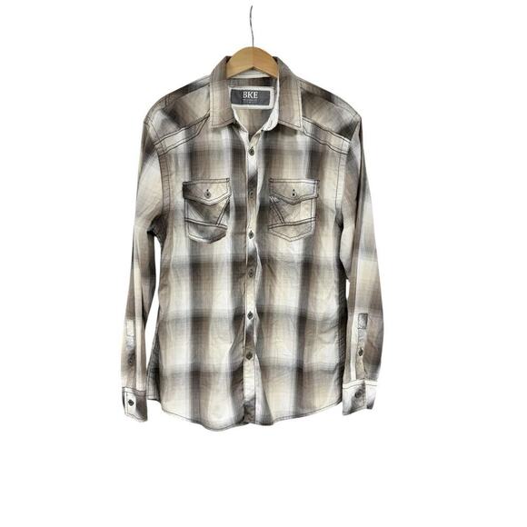 BKE Relaxed Fit Brown Tan Plaid Button Up Shirt Relaxed Fit Men’s Medium - Picture 1 of 6